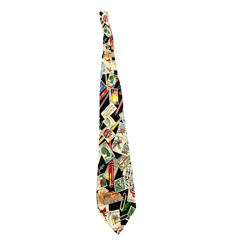 NICOLE MILLER VINTAGE 90s Novelty Print US Postage Stamp Silk Tie
